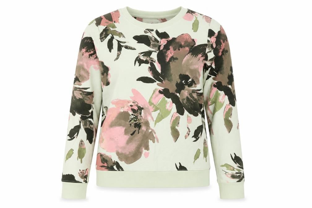 Front view of Denim & Co. Women’s Green Floral Pullover Sweatshirt, size S