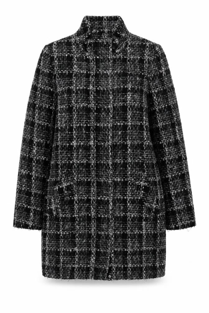 Front view of Linea Women's Black Check Wool Blend Mid-Length Coat, size 10