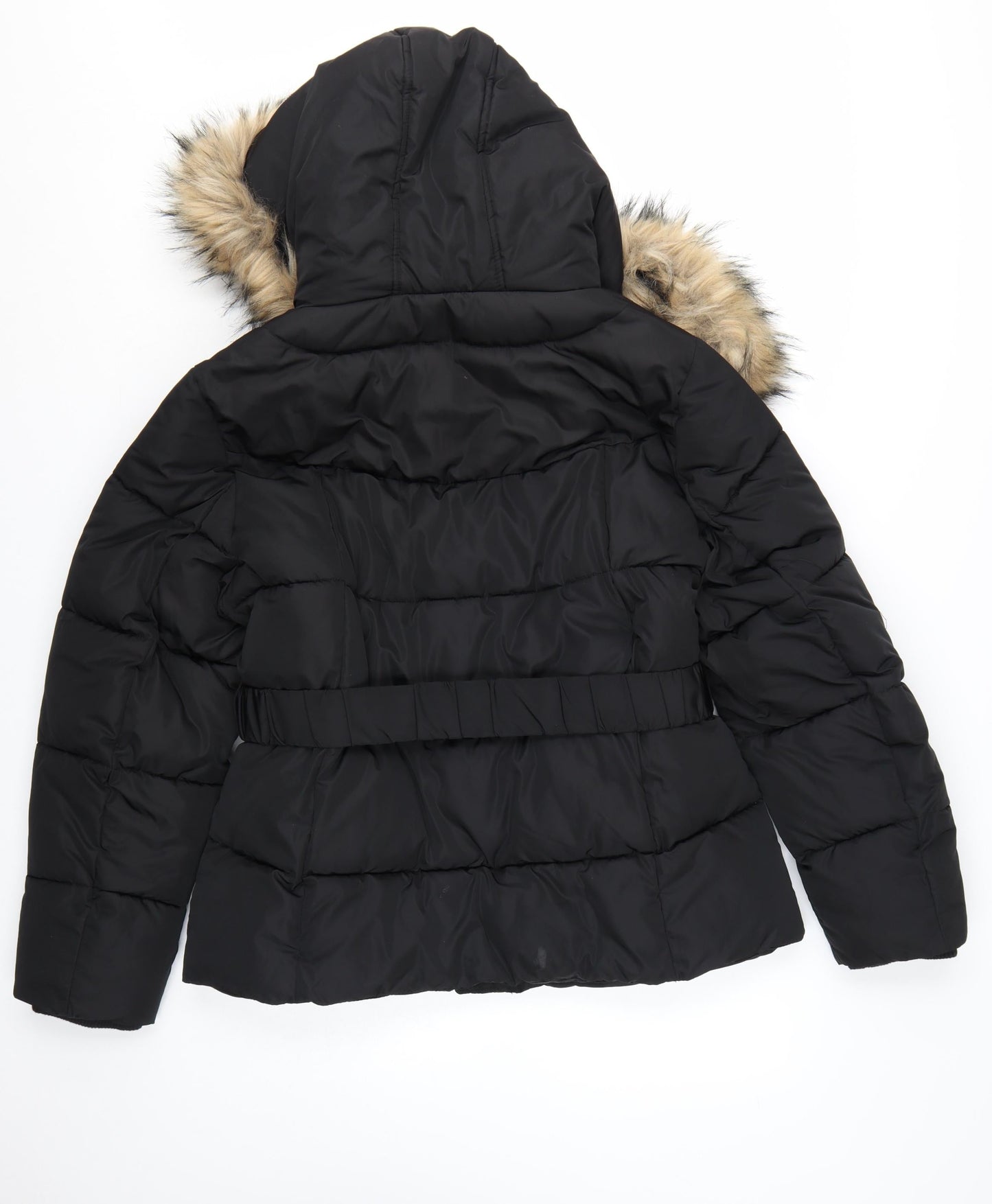 Nutmeg Women's Black Faux Fur Hooded Belted Puffer Jacket Size 16
