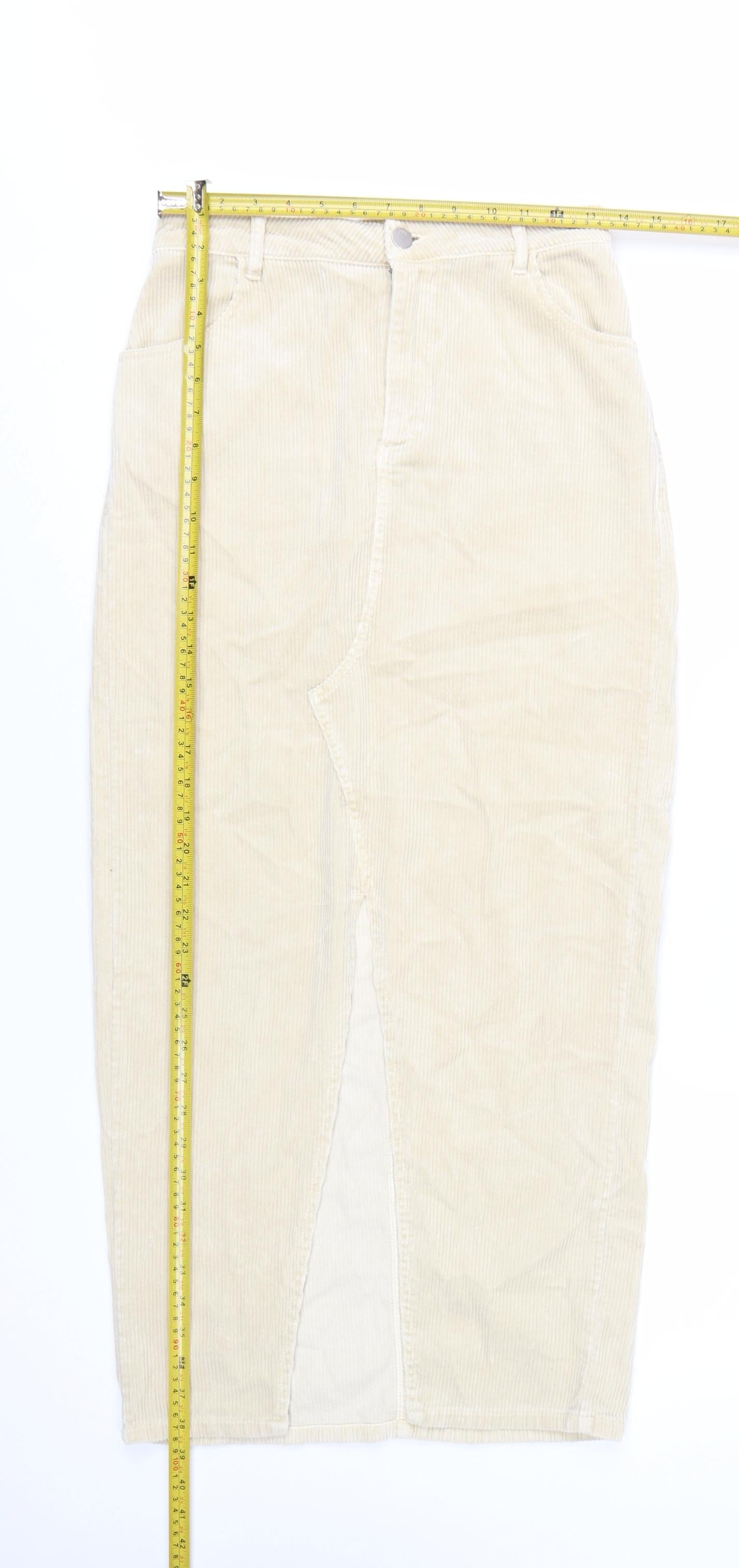 Zara Women Beige Corduroy Midi Pencil Skirt Size S High Rise