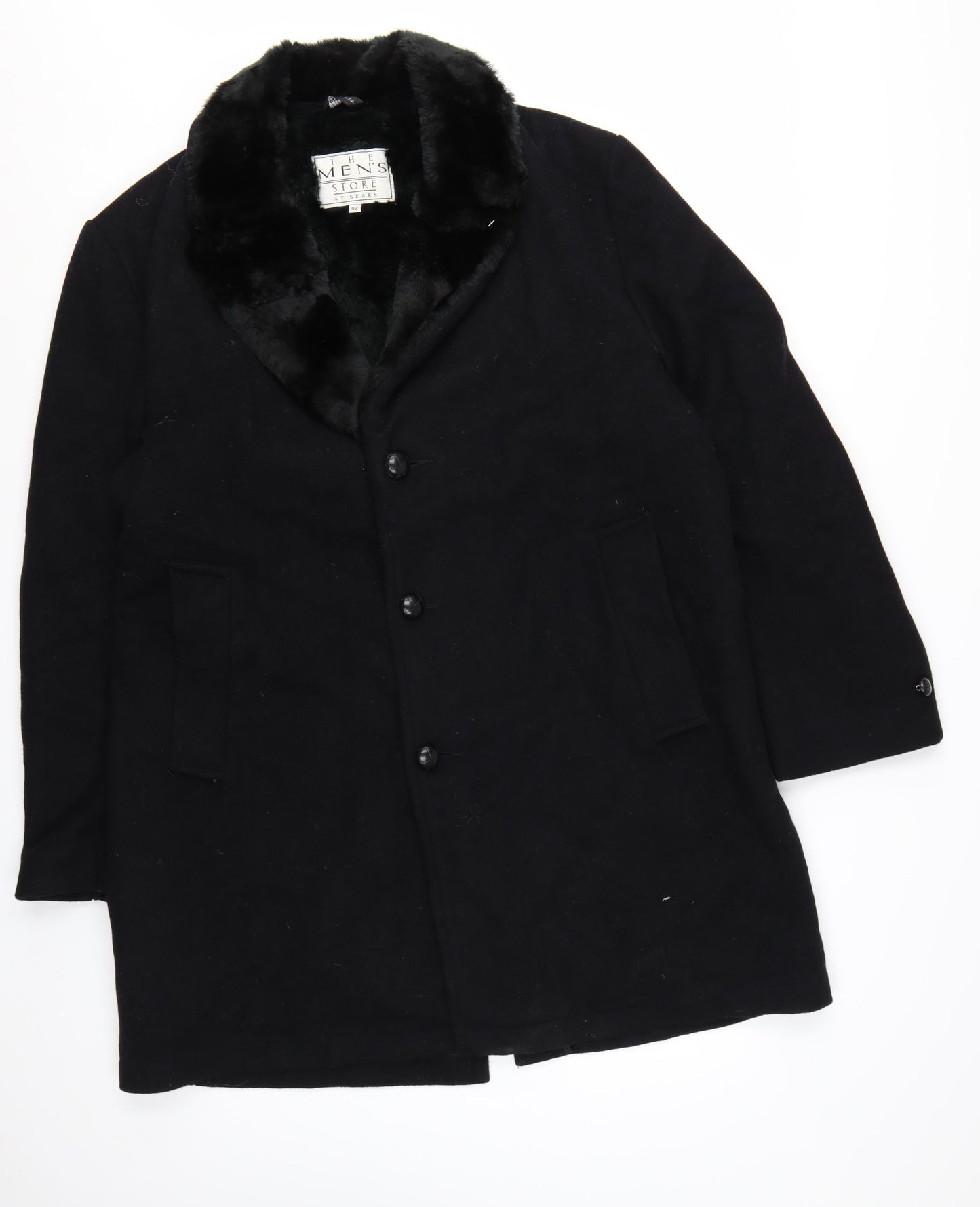 The Men's Store at Sears Men's Black Wool Overcoat 42 Regular Faux Fur Collar