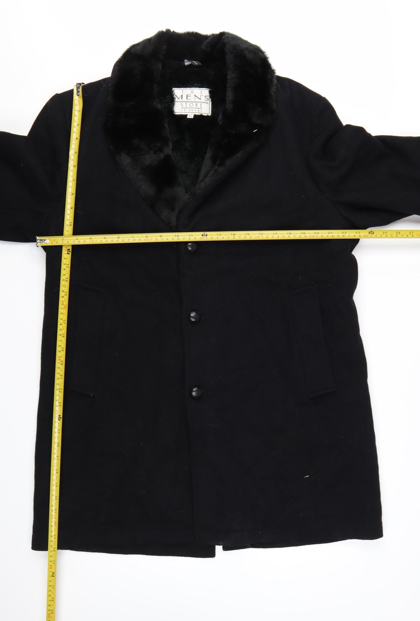 The Men's Store at Sears Men's Black Wool Overcoat 42 Regular Faux Fur Collar