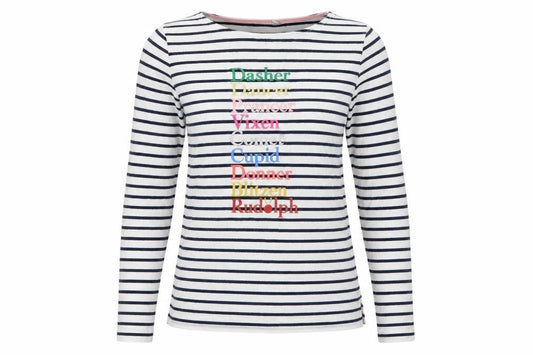 Boden Women's White Navy Striped Long Sleeve Christmas T-Shirt UK 10