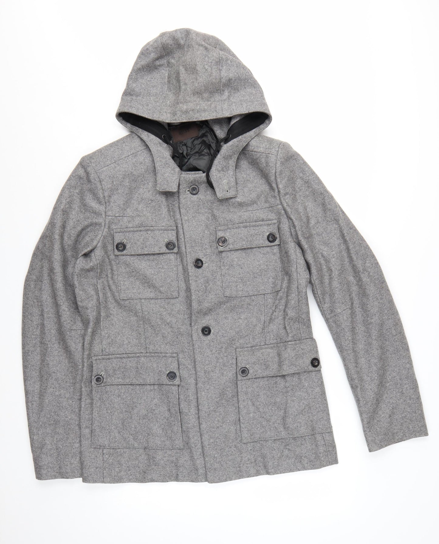 Reiss Men's Grey Wool Hooded Overcoat L 42in Lined Button Casual