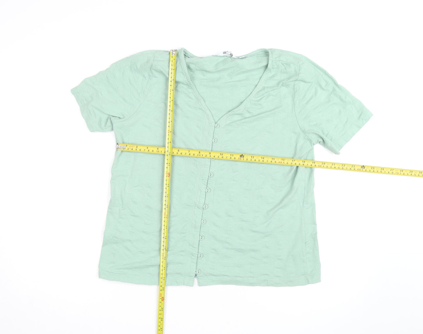 FatFace Women Green Short Sleeve Button-Up Cotton Top Size 16