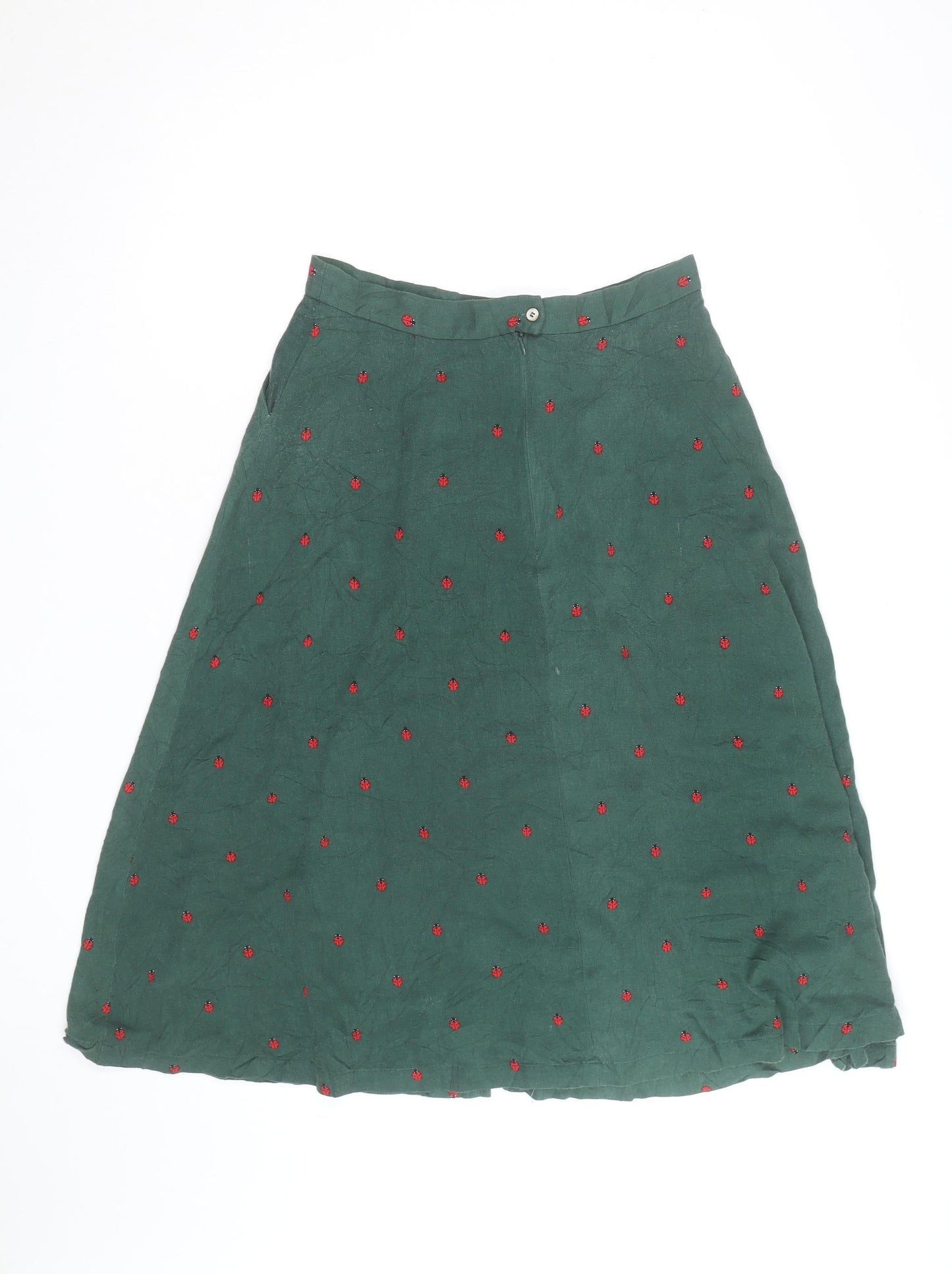 Louche Women’s Green Cotton Midi A-Line Skirt Size 12 Embroidered Ladybird