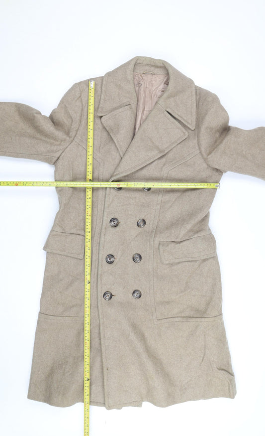 Club International Men's Beige Wool Overcoat Size 42 Classic Long