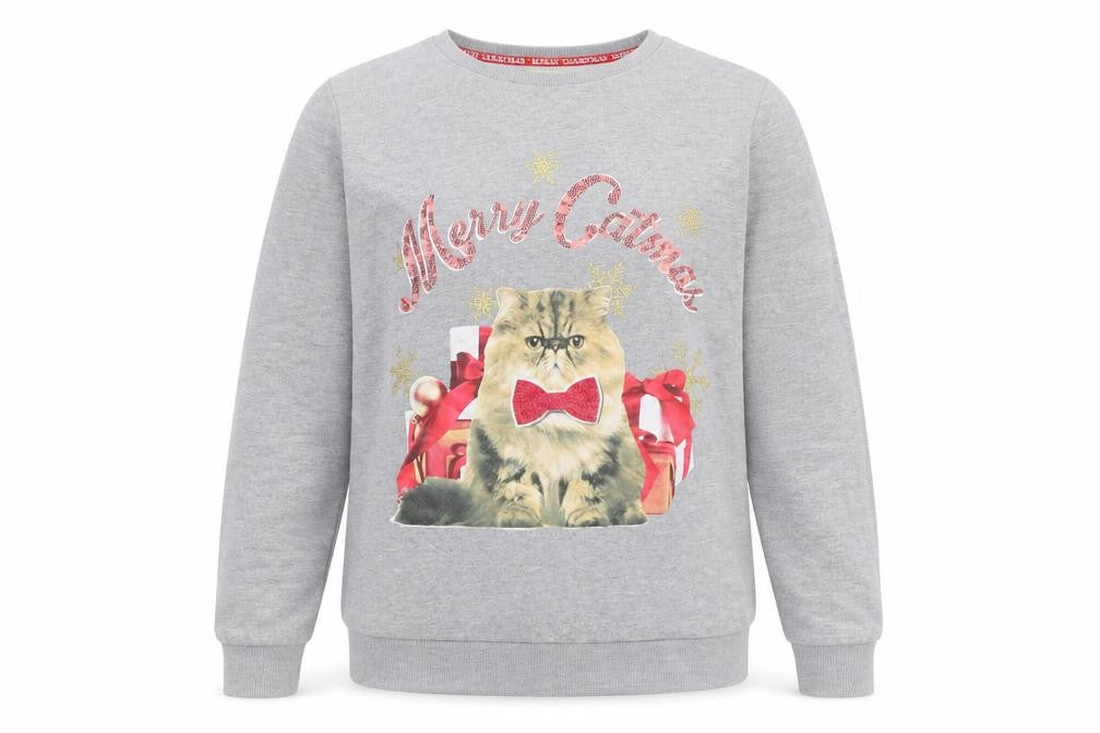 Papaya Womens Grey Christmas Cat Graphic Sweatshirt Size 14
