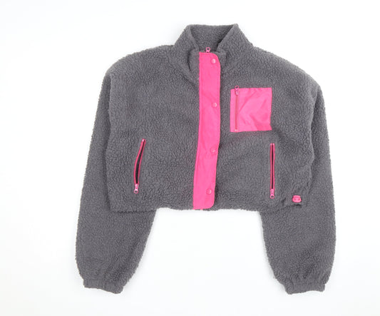 Boohoo Women's Grey Fleece Cropped Zip Jacket Size 16