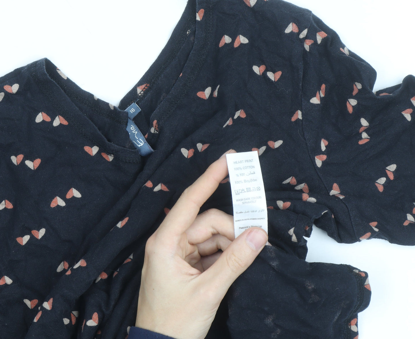 E-vie Women Black Heart Print Long Sleeve Cotton T-Shirt Size 16