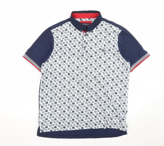 Bewley & Ritch Men's Blue Patterned XL Polo Shirt Short Sleeve Cotton
