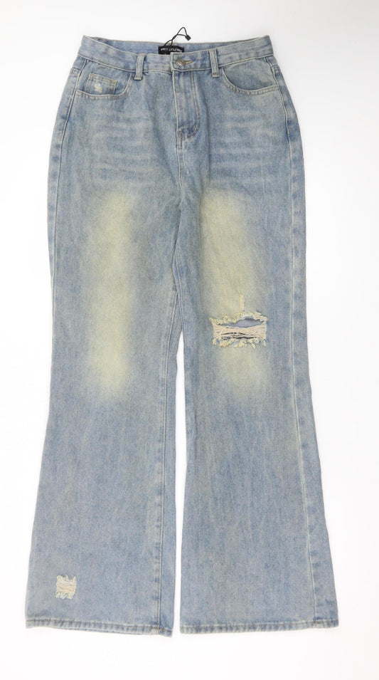 PrettyLittleThing Womens Blue Wide-Leg Distressed Jeans UK 10