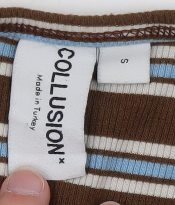 Collusion Women’s Brown Striped Cropped Button-Up Top Size S