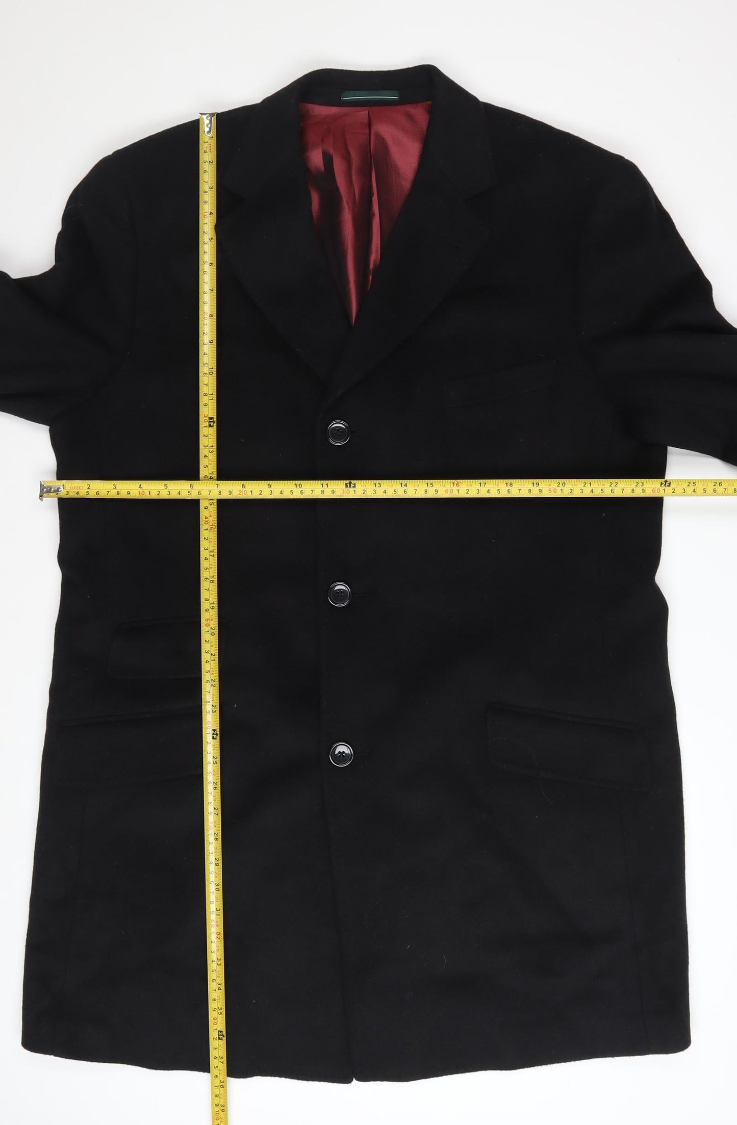 Greenwoods Mens Black Wool Cashmere Overcoat 44R Single Breasted