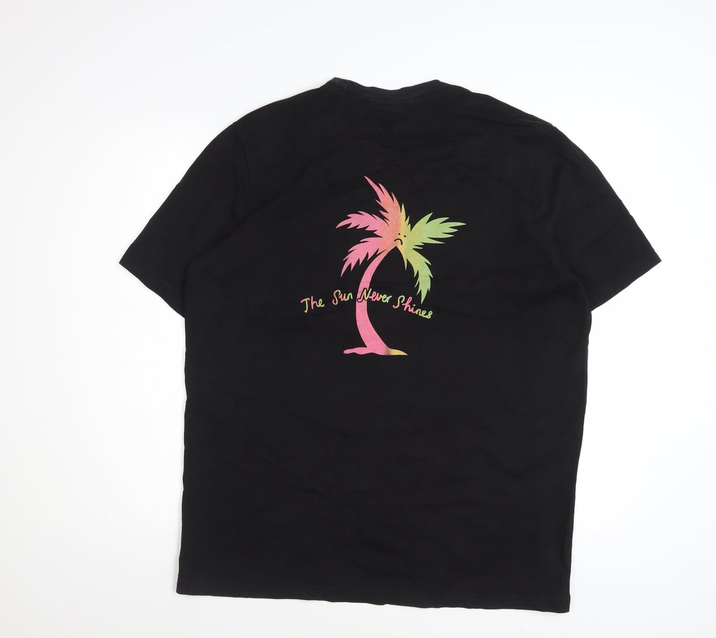 Lazy Oaf Men's Black Graphic T-Shirt Medium Beach Palm Print