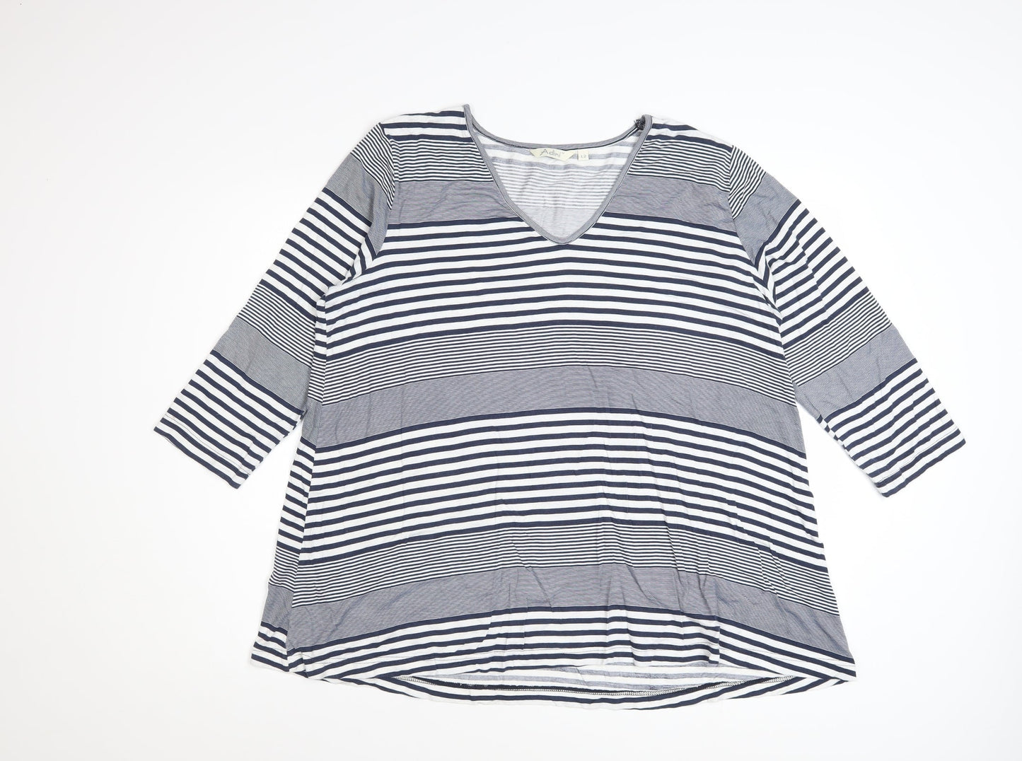 Adini Women's Blue Striped V-Neck 3/4 Sleeve Jersey Top L