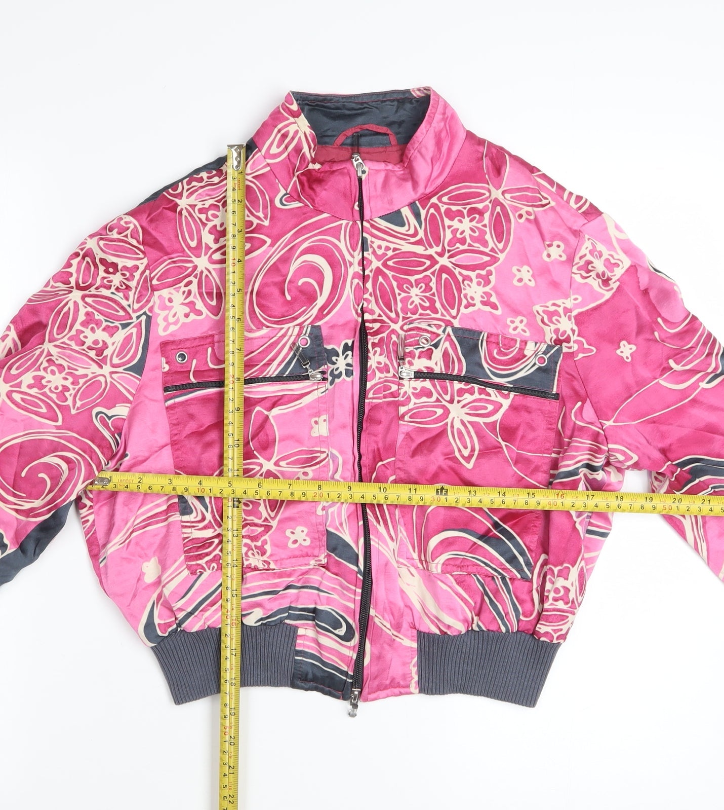 Apriori Women's Pink Floral Bomber Jacket Size 14 Satin Zip-Up