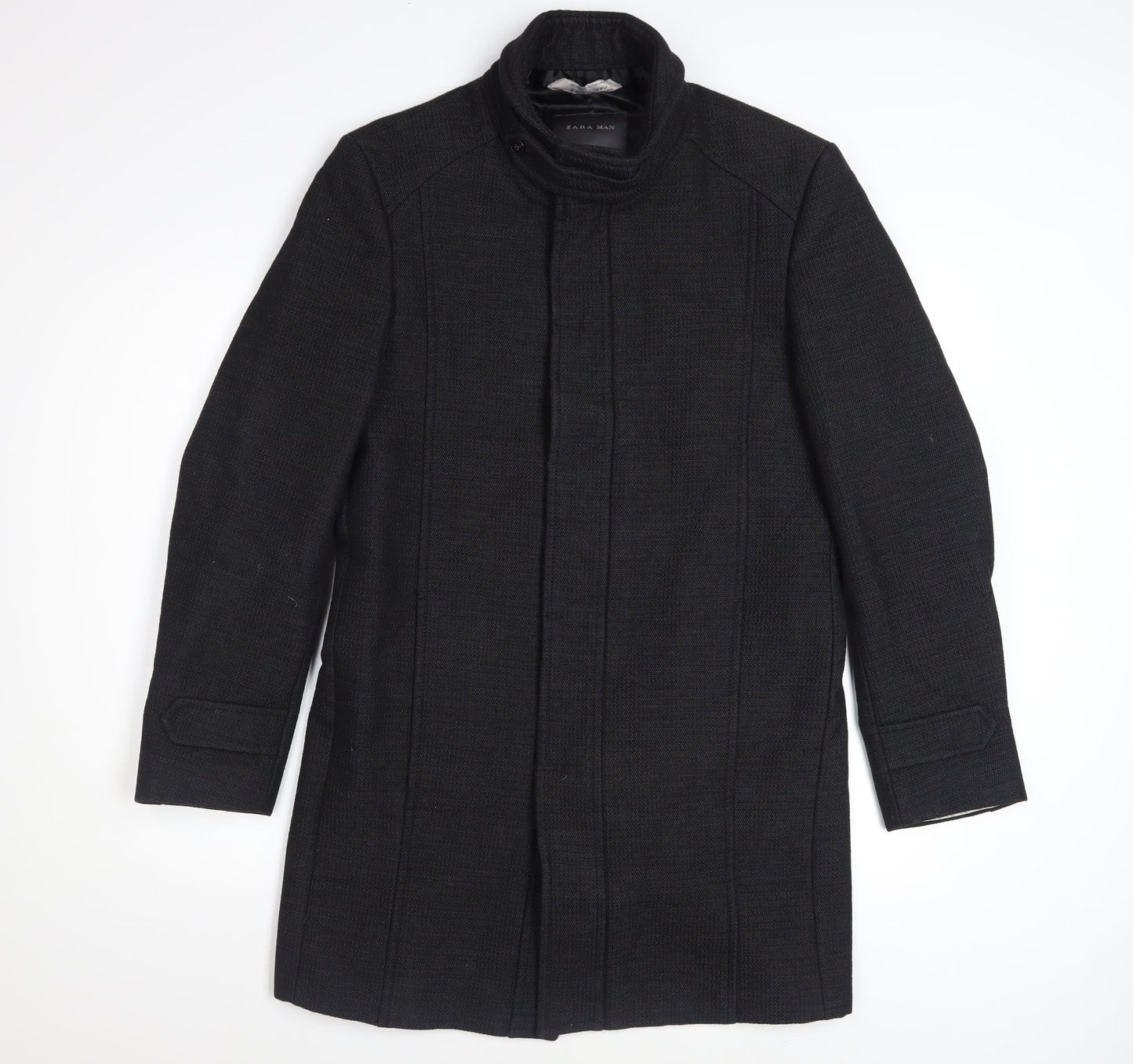 Zara Man Black Wool Blend Stand Collar Men's Overcoat Size M 40in