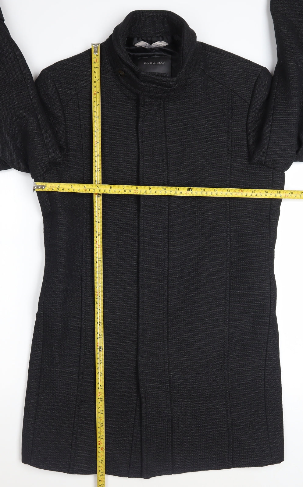 Zara Man Black Wool Blend Stand Collar Men's Overcoat Size M 40in