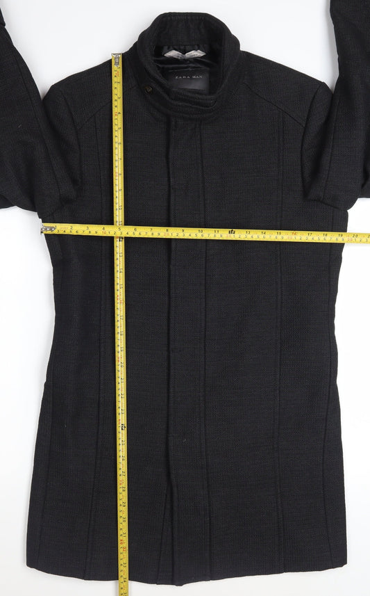 Zara Man Black Wool Blend Stand Collar Men's Overcoat Size M 40in