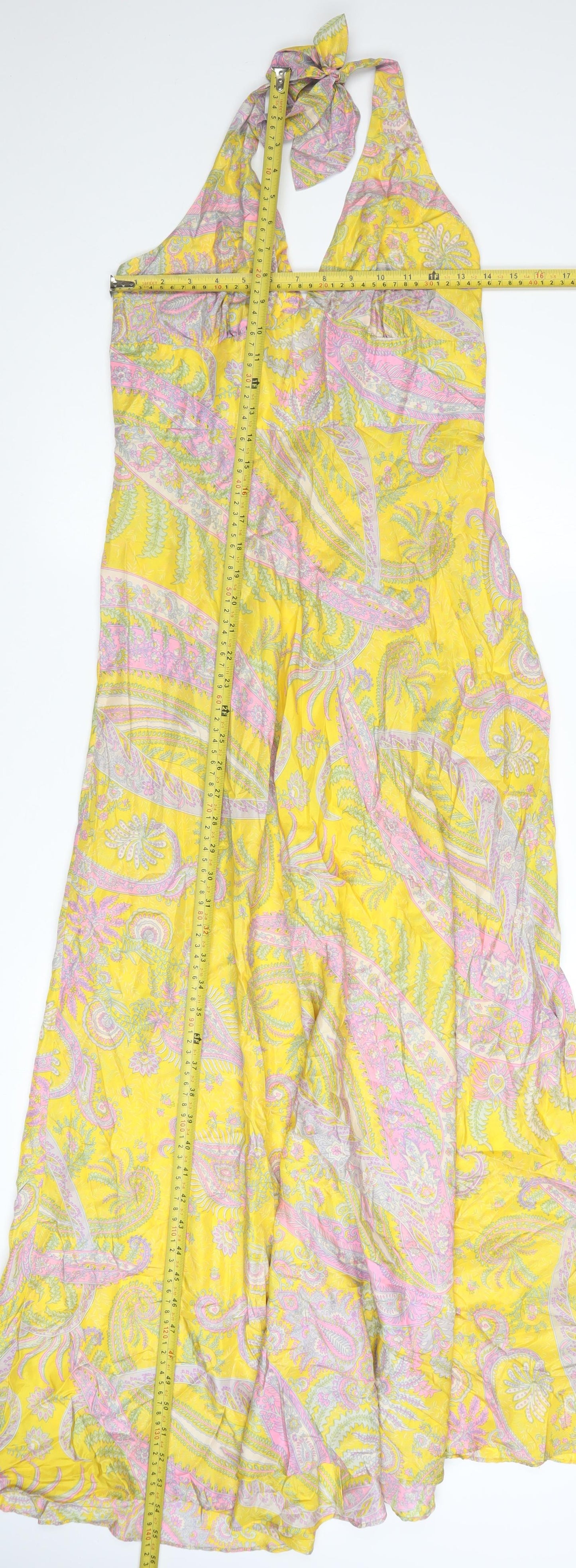 Warehouse Women’s Yellow Silk Paisley Halter Maxi Dress UK 12