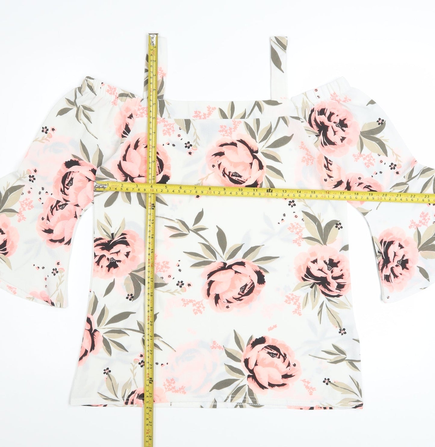 Quiz Women's White Floral Off Shoulder Bell Sleeve Blouse Size 10