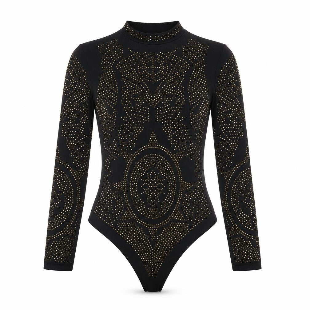 Lajoly & Co Women Black Gold Studded Long Sleeve Bodysuit M