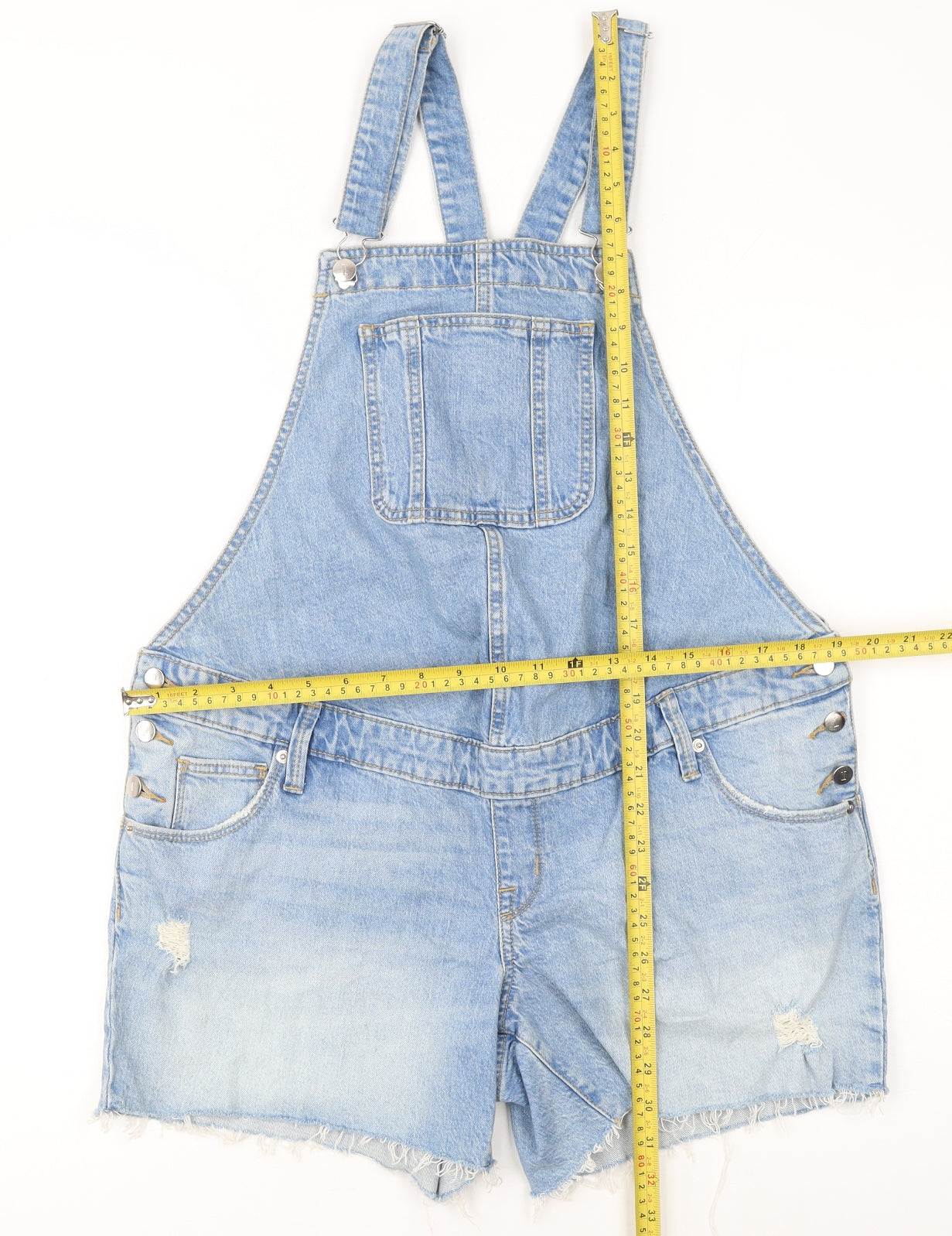 Isabel Maternity Blue Denim Distressed Dungaree Shorts Women’s Size 8