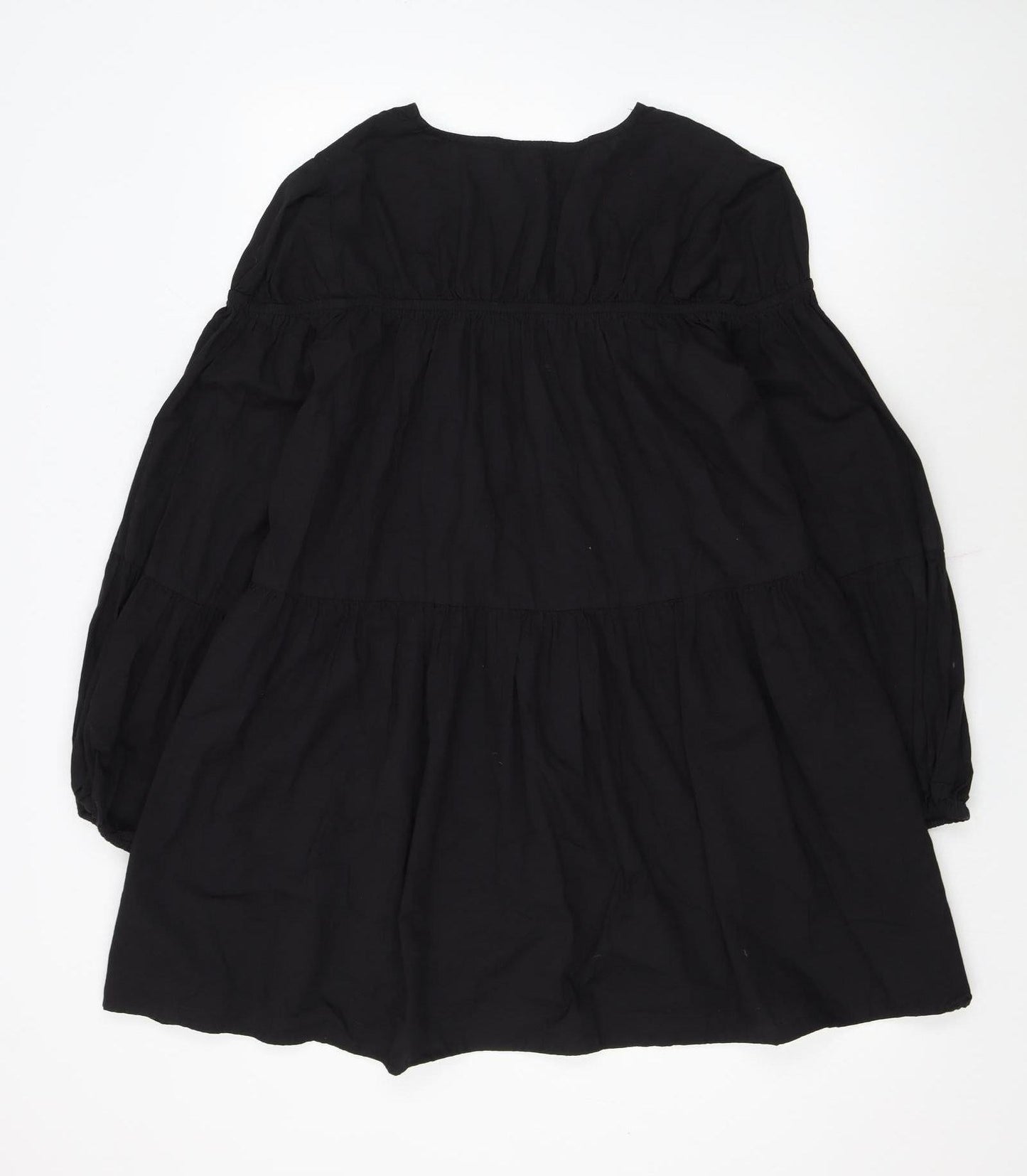 Boohoo Womens Black Cotton Smock V-Neck Long Sleeve Short Dress Size 12