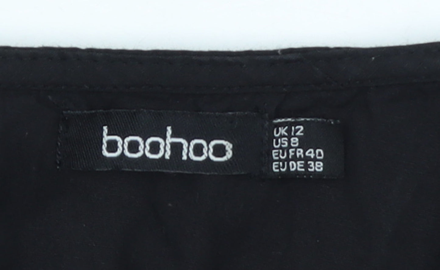 Boohoo Womens Black Cotton Smock V-Neck Long Sleeve Short Dress Size 12