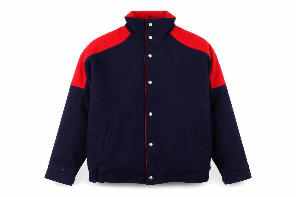 Front view of Woolrich Men's Blue and Red Wool Bomber Jacket M Winter Outdoor