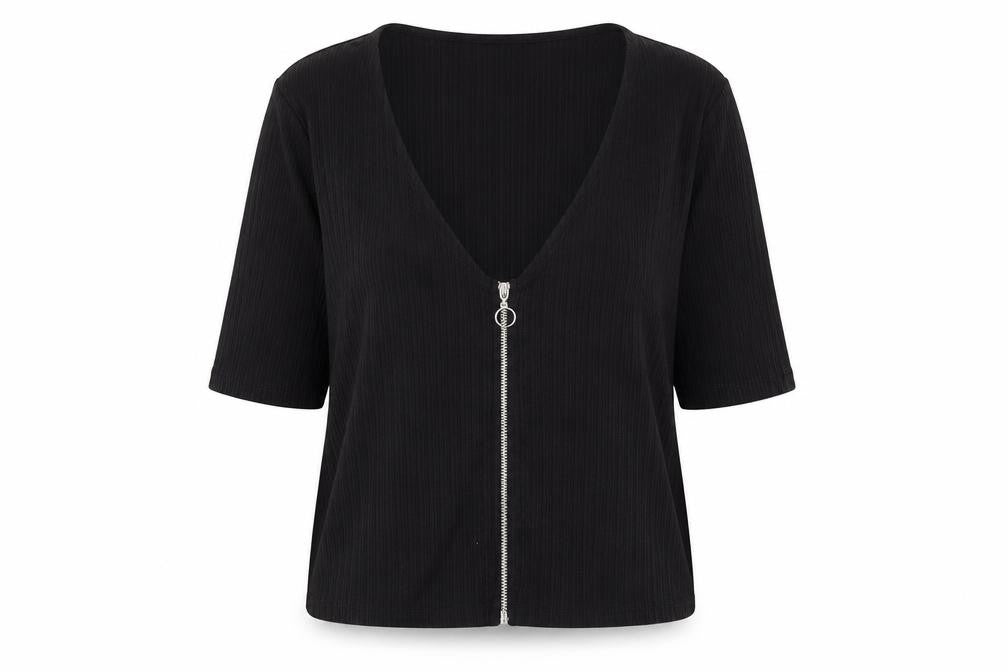 River Island Women’s Black Ribbed Zip Front Cropped Top Size 14