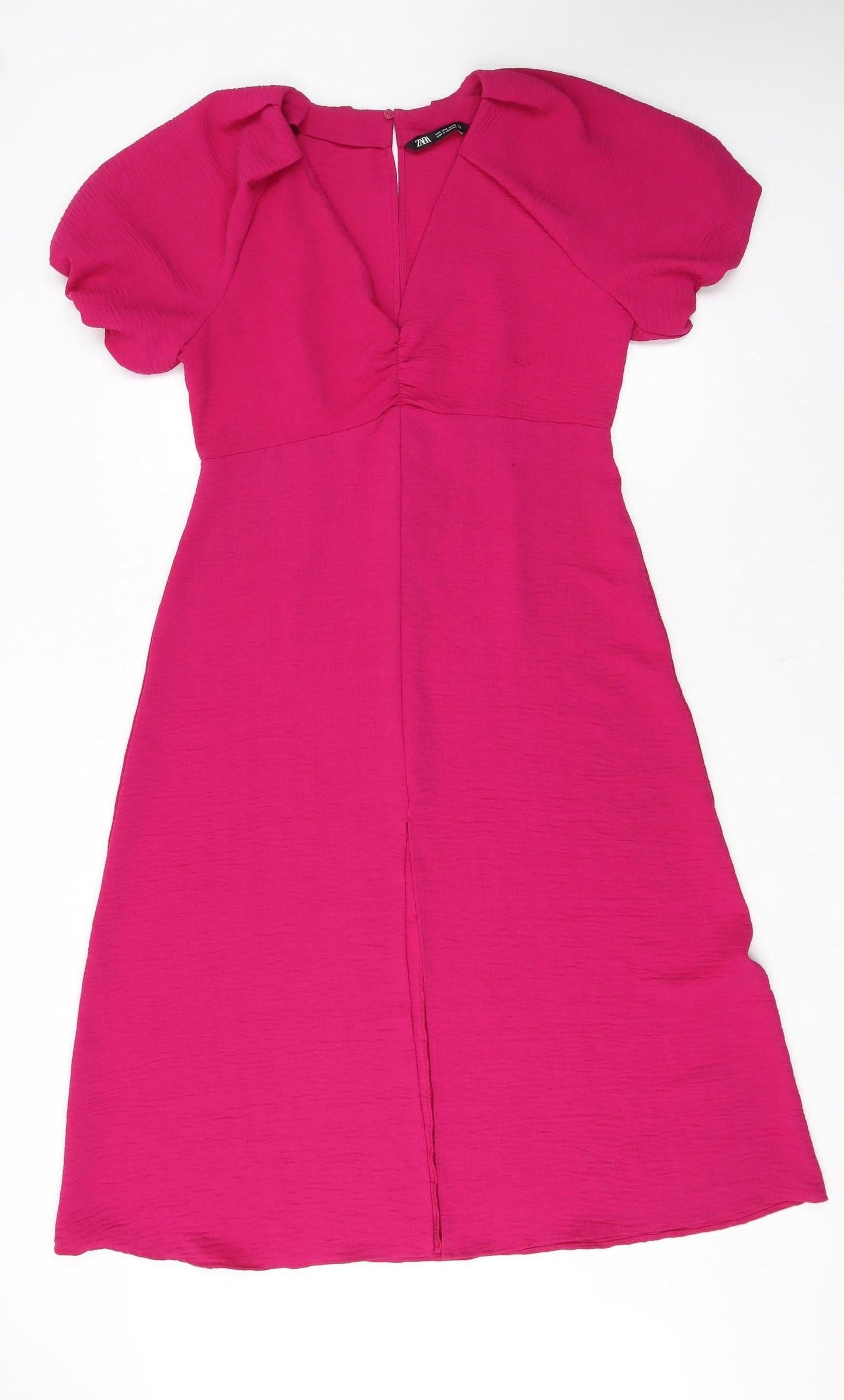 Zara Women’s Pink Midi Fit & Flare Dress Size L Puff Sleeve V-Neck