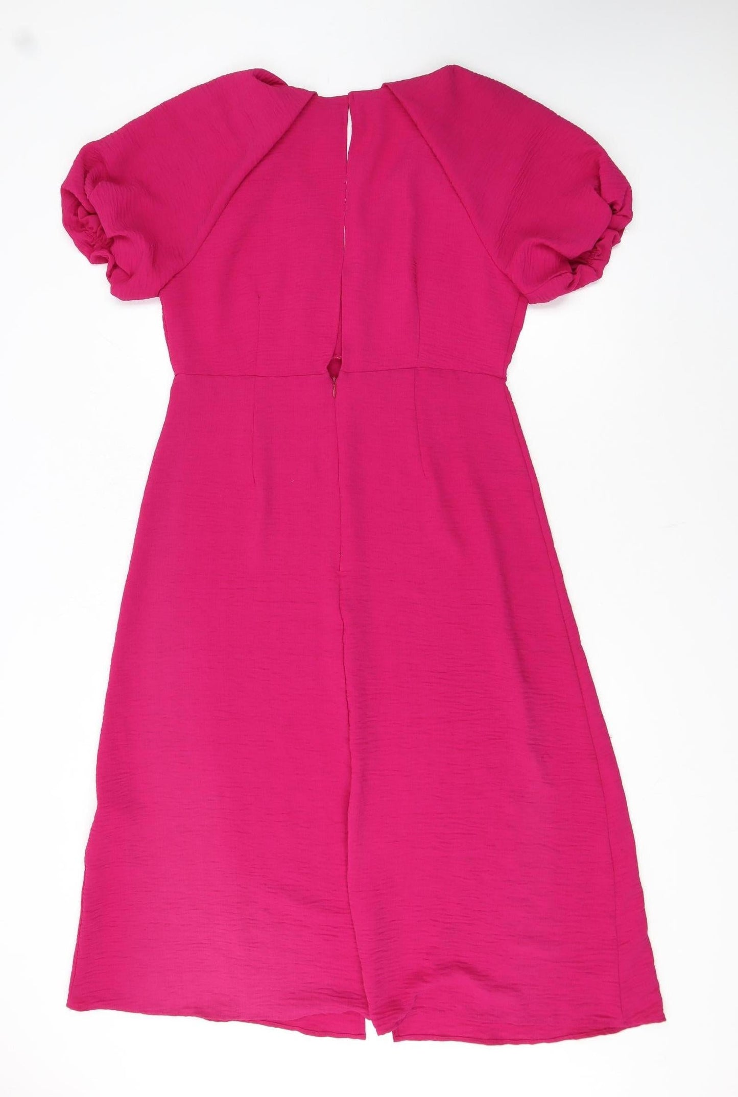 Zara Women’s Pink Midi Fit & Flare Dress Size L Puff Sleeve V-Neck