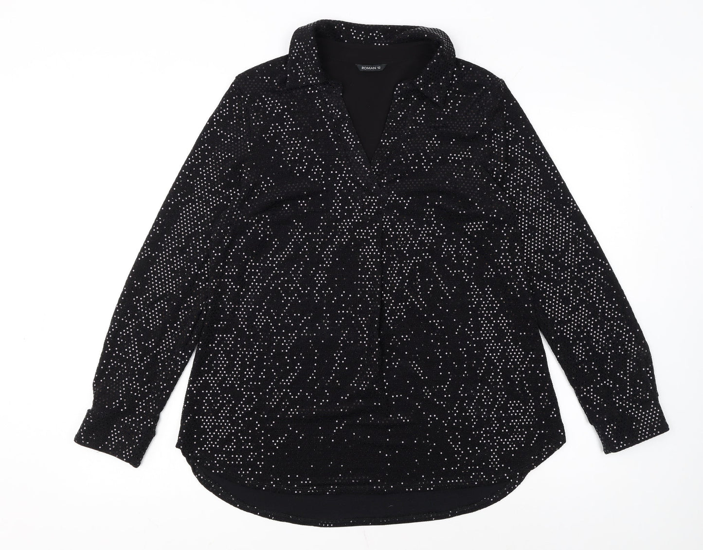 Roman Women Black Sequin Long Sleeve Tunic Blouse Size 12