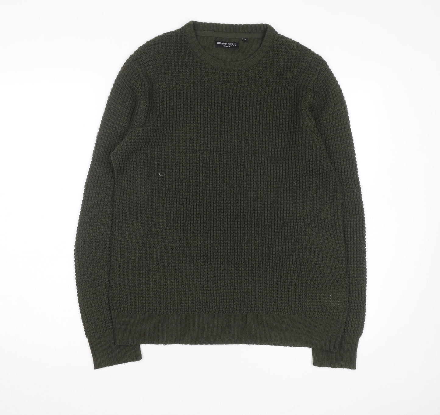 Brave Soul Men's Green Waffle Knit Crew Neck Pullover Jumper Size M