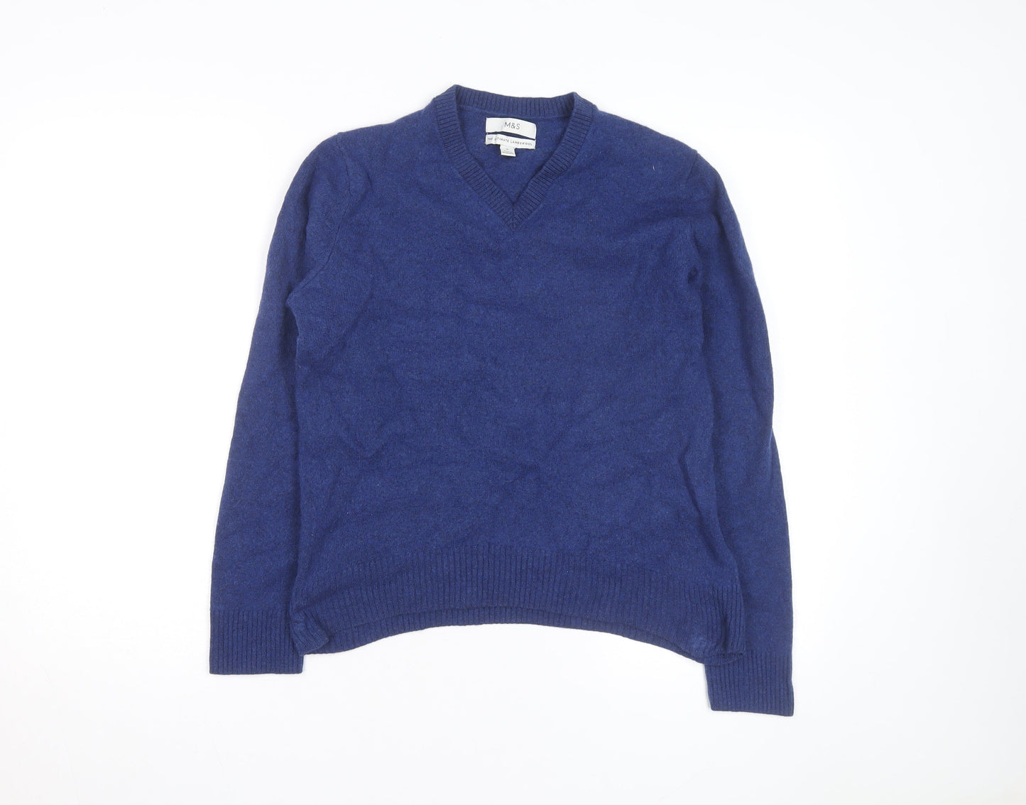 Marks and Spencer Men's Blue Lambswool V-Neck Jumper Medium