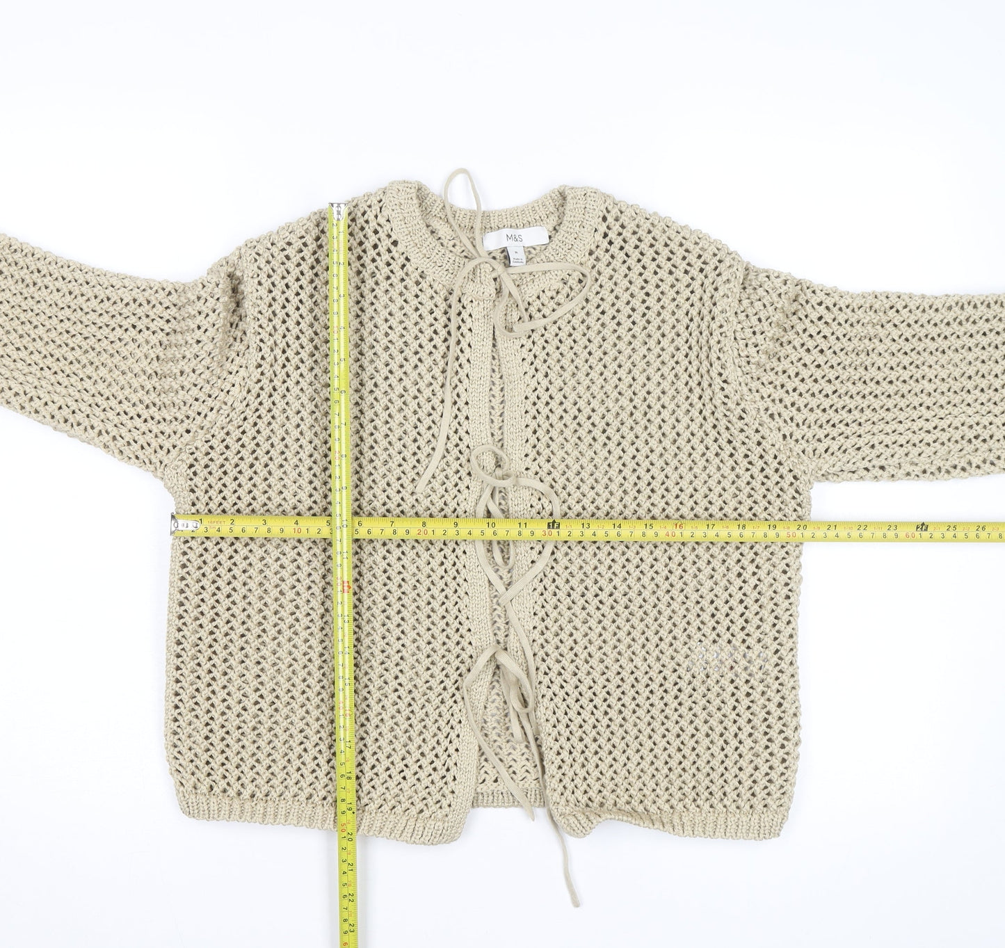 Marks and Spencer Women Beige Cotton Open-Knit Tie Cardigan M