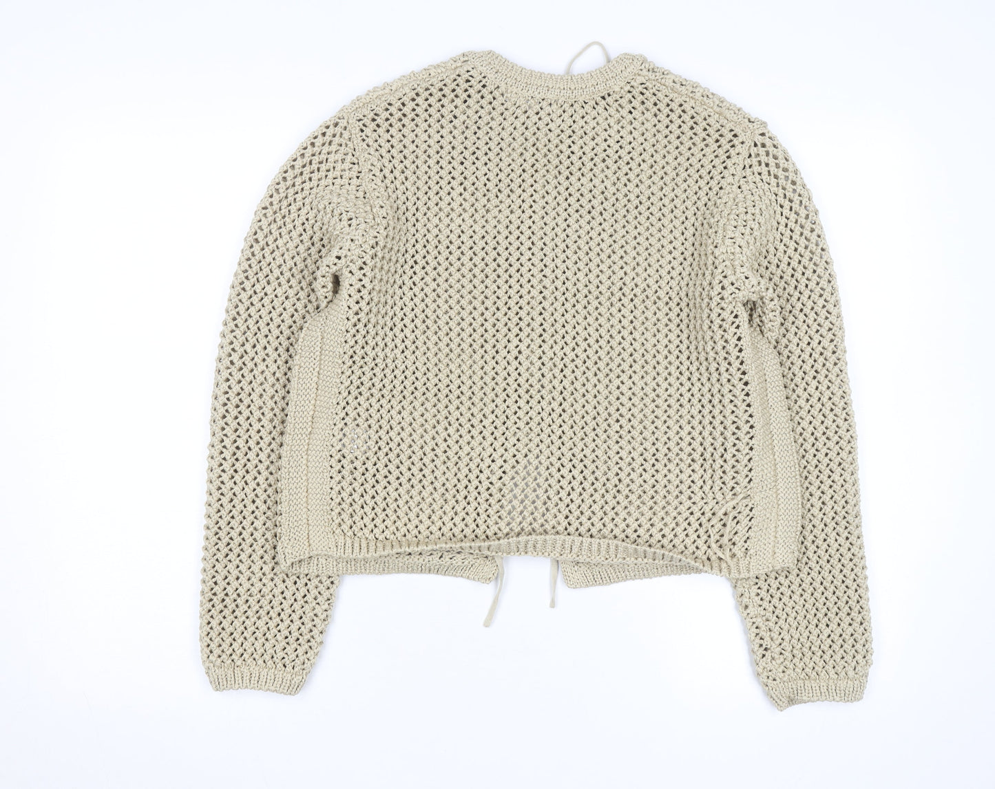 Marks and Spencer Women Beige Cotton Open-Knit Tie Cardigan M