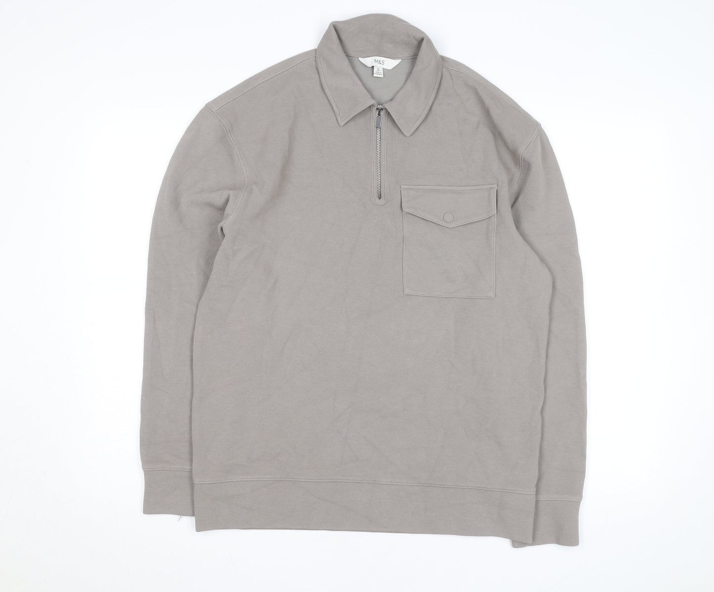 Marks and Spencer Men's Grey Collared Half Zip Cotton Jumper M