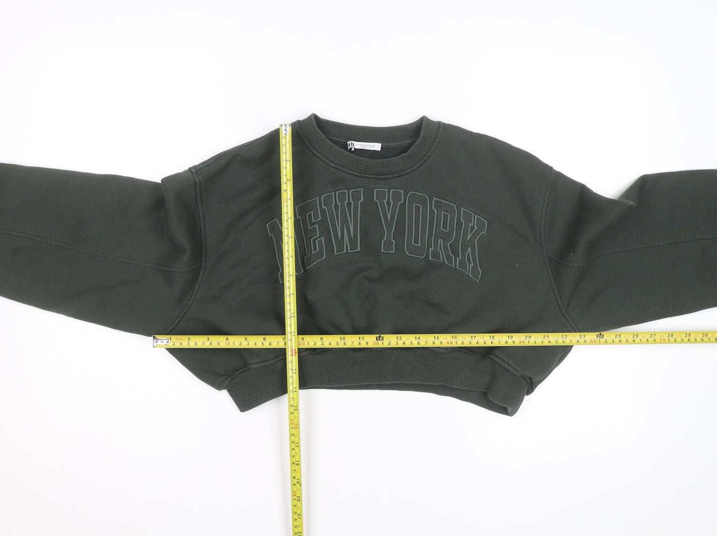 Zara Women Green Cropped Pullover Sweatshirt Size M New York Print