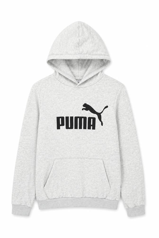 Front view of Puma boys’ grey hoodie, size 146, pullover hooded sweatshirt