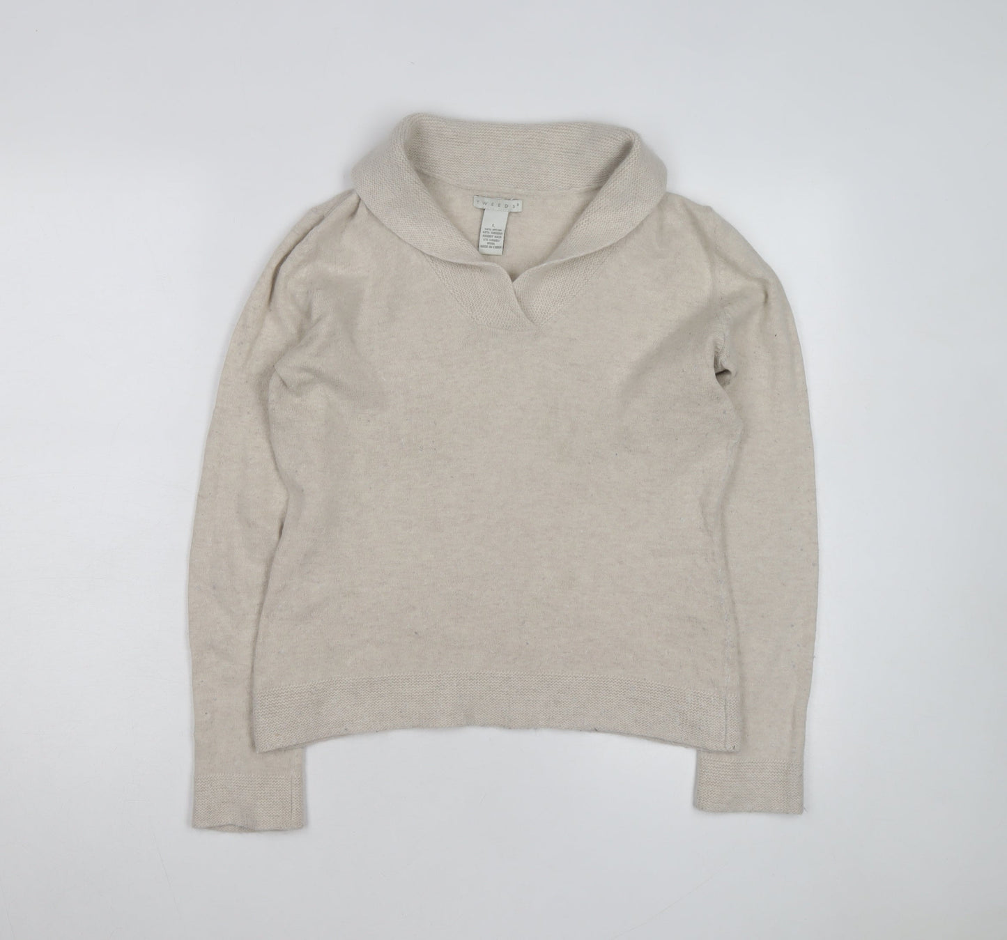 Tweeds Women Beige Shawl Collar Pullover Jumper Size L Wool Blend