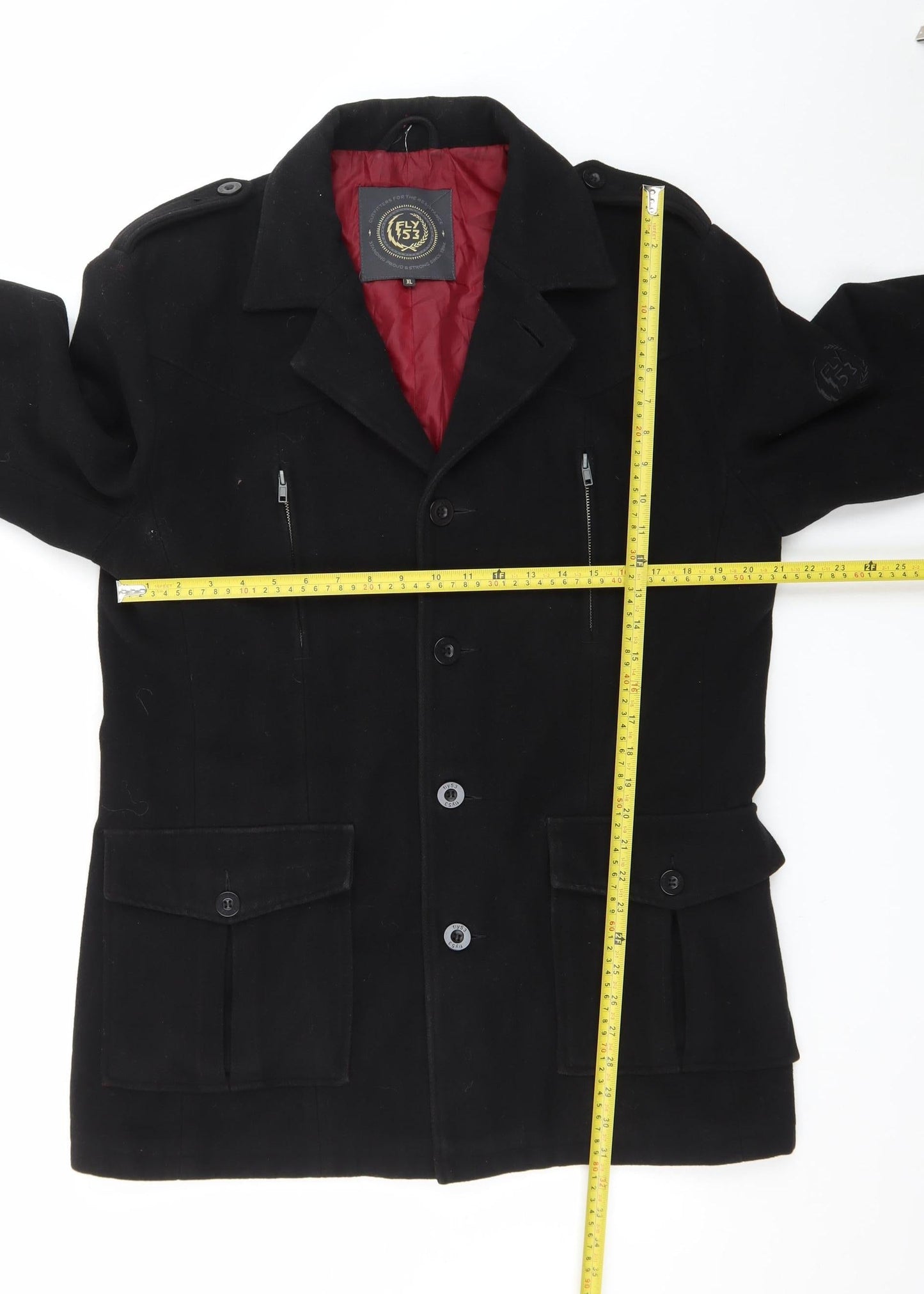 Fly53 Men's Black Wool Blend Military Coat XL Classic Casual