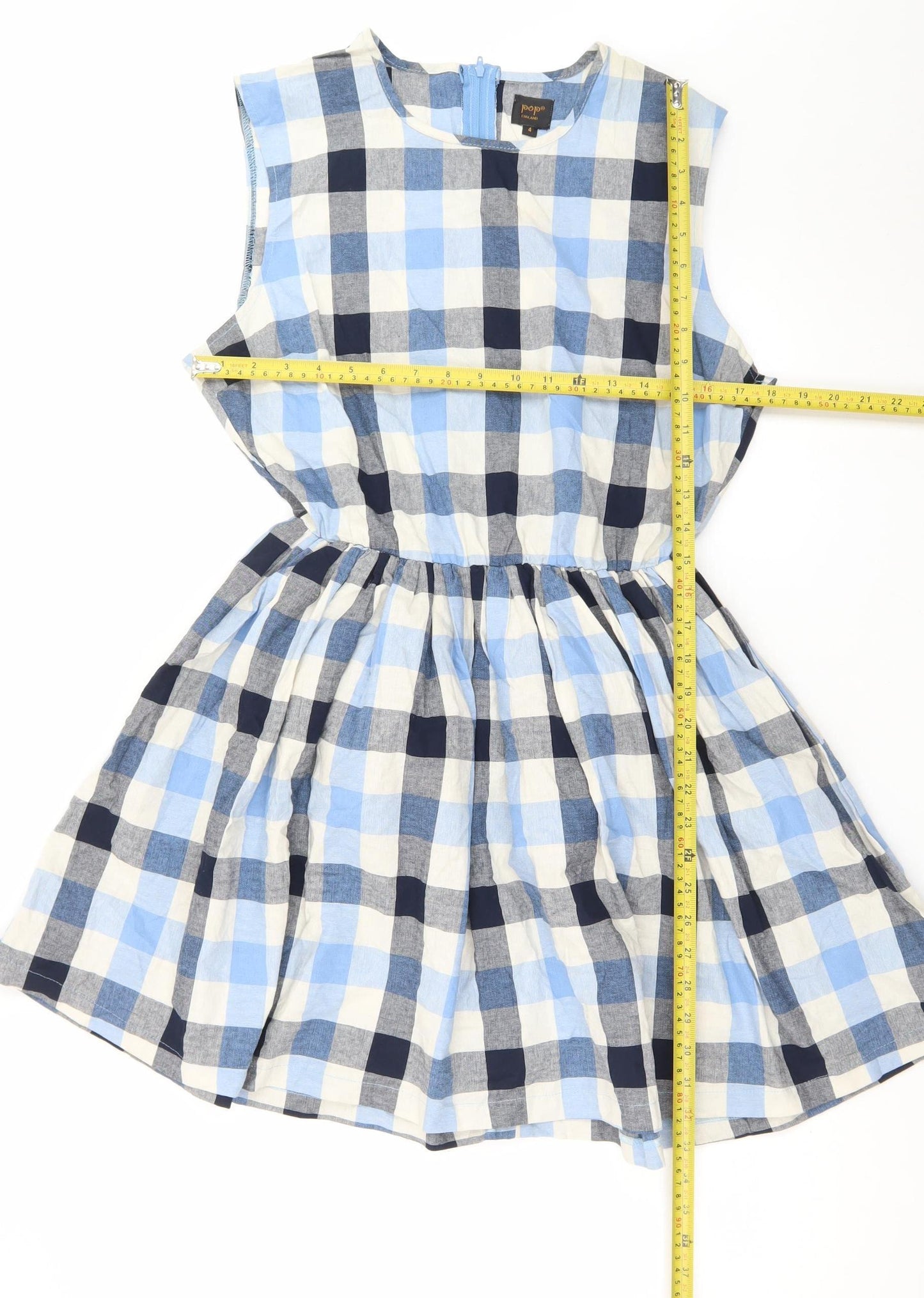 Pop England Women Blue Check Sleeveless Skater Dress Size 4