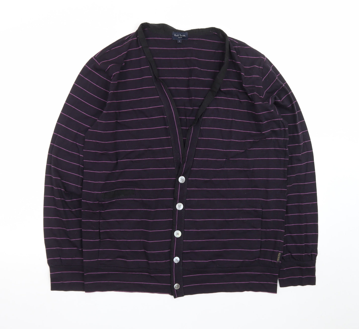Paul Smith Men Purple Striped Cotton Cardigan L V-Neck Casual