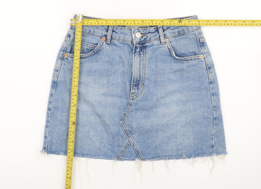 Topshop Women Blue Denim Mini Skirt Size 10 Cotton Frayed Hem