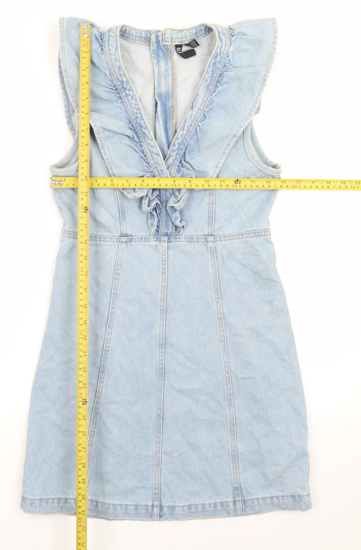 Pieces Womens Blue Denim Sleeveless Ruffle Shift Dress XS