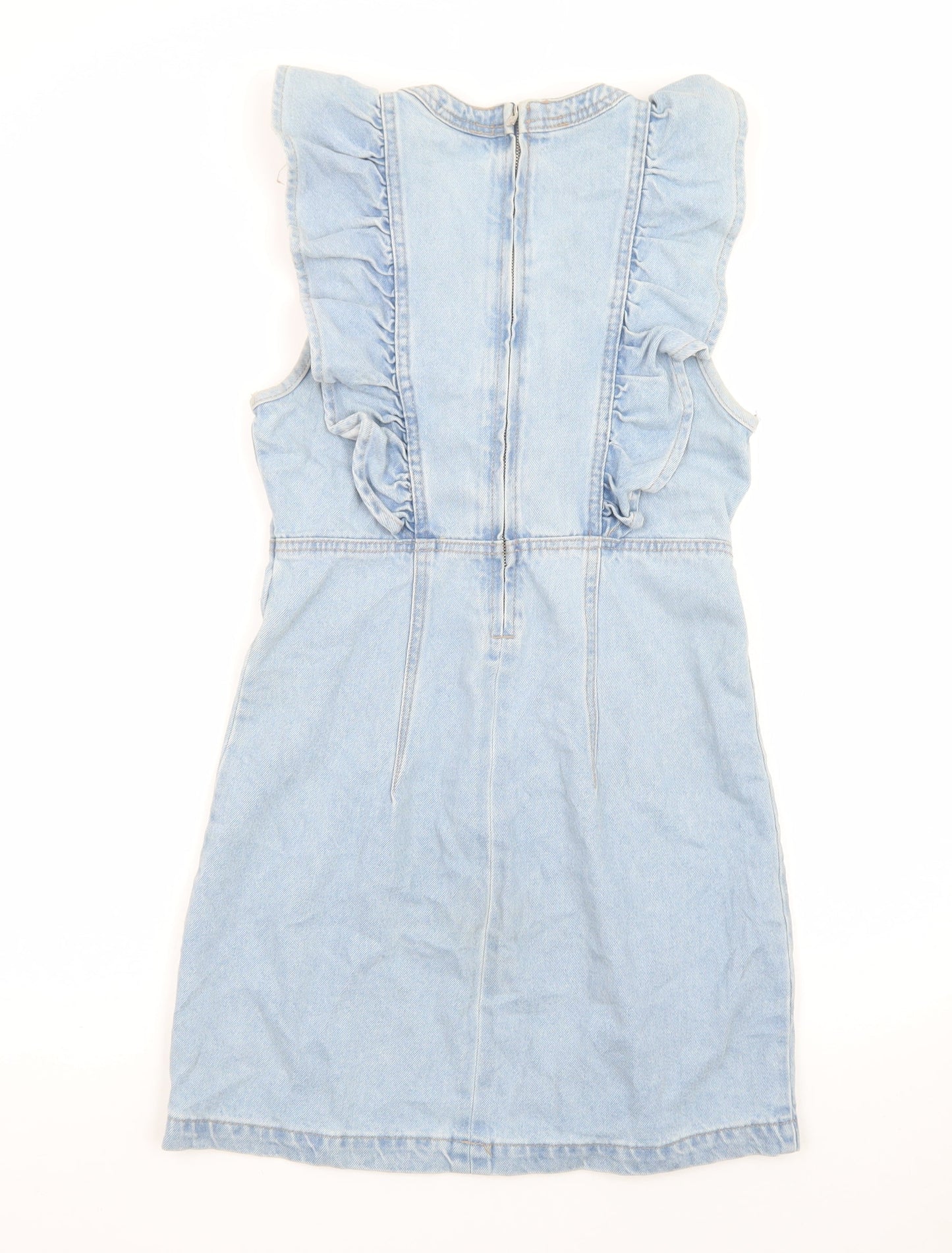 Pieces Womens Blue Denim Sleeveless Ruffle Shift Dress XS