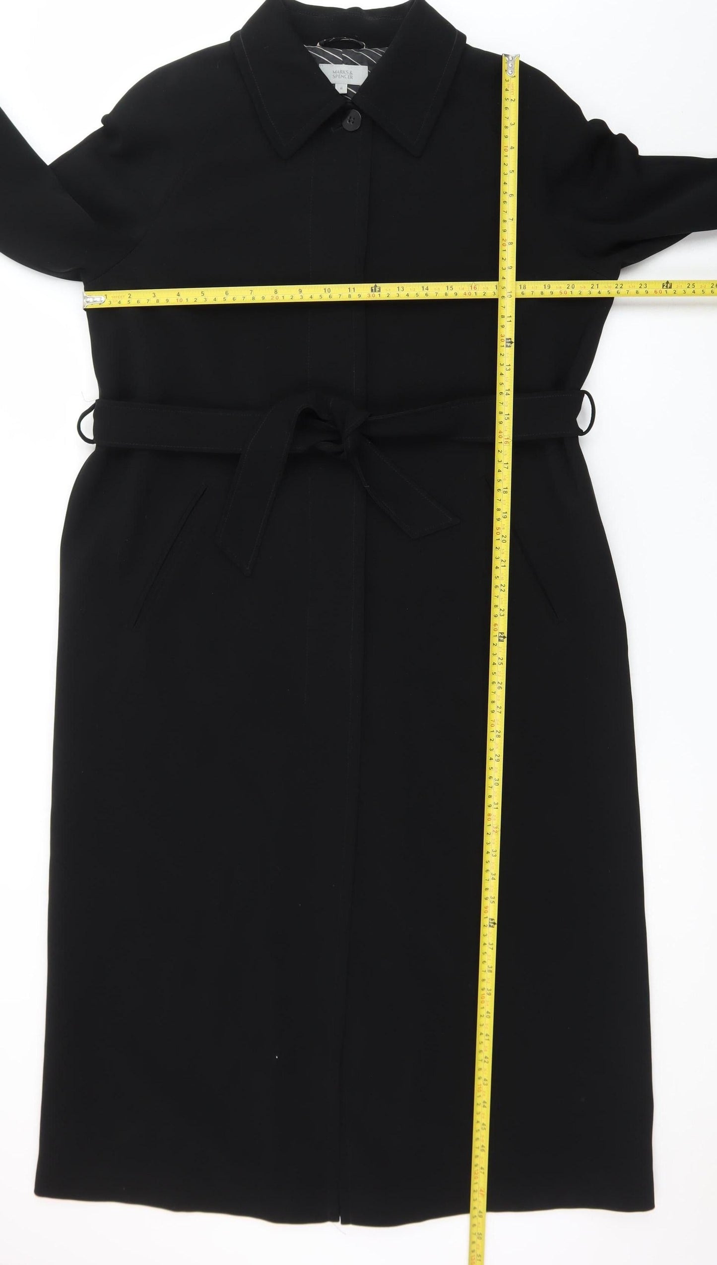 Marks and Spencer Women's Black Long Belted Overcoat Size 16 Tall
